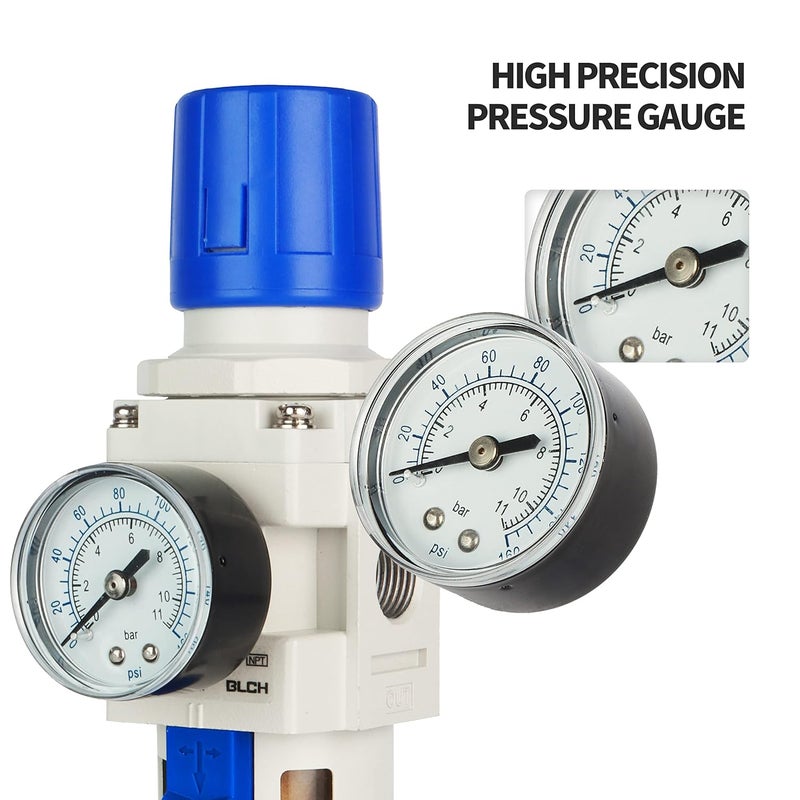BLCH 3/8" NPT Air Dryer - Air Pressure Regulator, Air Compressor Filter AW3000-03 Semi-Auto Drain Poly Bowl Gauge 0-160 PSI 5μm Brass - Image 4